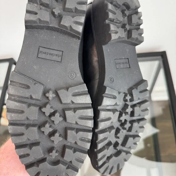 CHARLES DAVID Leather Black Combat Boots Faux Fur Trim Size 8 - Picture 11 of 14